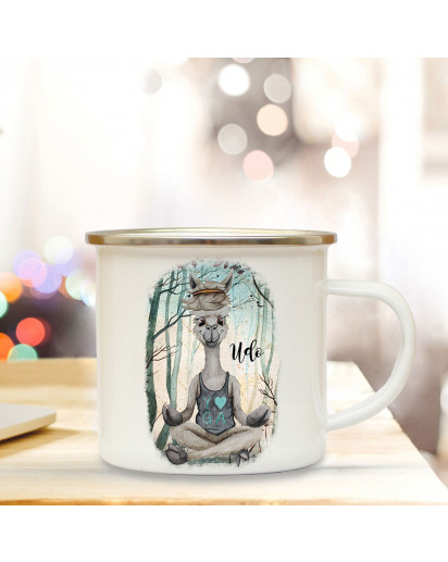 Emaille Becher Camping Tasse Motiv Lama Yoga im Wald & Wunschname Name Kaffeetasse Geschenk eb347