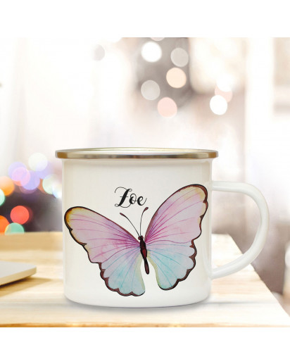 Emaille Becher Camping Tasse Motiv bunter Schmetterling & Wunschname Name Kaffeetasse Geschenk eb348