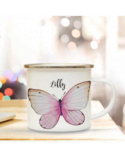 Emaille Becher Camping Tasse Motiv schöner Schmetterling & Wunschname Name Kaffeetasse Geschenk eb349