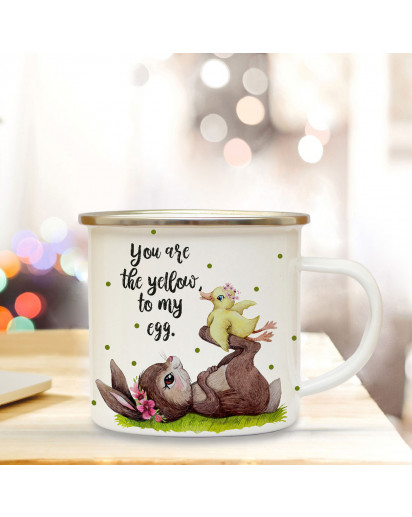 Emaille Becher Camping Tasse Motiv Hase & Ente Spruch You are the yellow of my egg Kaffeetasse Geschenk Spruchbecher eb350