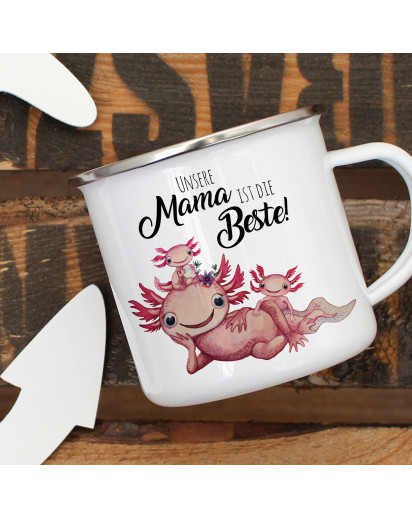 Emaille Becher Camping Tasse Motiv Axolotl mit Kinder Spruch Unsere Mama ist die Beste Kaffeetasse Geschenk Spruchbecher eb353