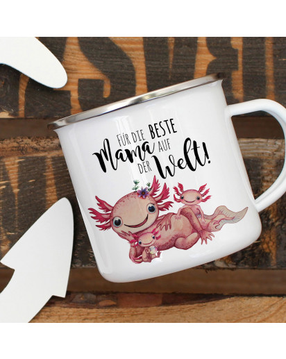 Emaille Becher Camping Tasse Motiv Axolotl mit Kinder Spruch Beste Mama der Welt Kaffeetasse Geschenk Spruchbecher eb354