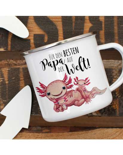 Emaille Becher Camping Tasse Motiv Axolotl Papa mit Kinder Spruch Besten Papa der Welt Kaffeetasse Geschenk Spruchbecher eb356