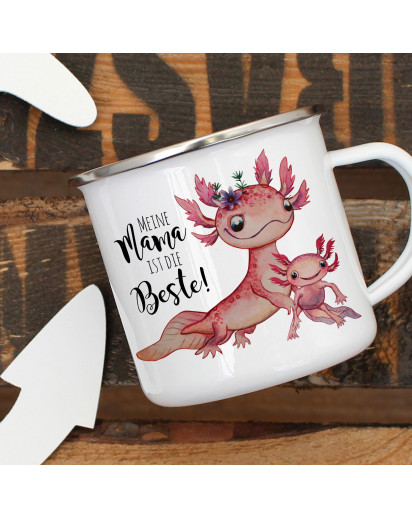 Emaille Becher Camping Tasse Motiv Axolotl mit Kinder Spruch Mama ist die Beste Kaffeetasse Geschenk Spruchbecher eb357