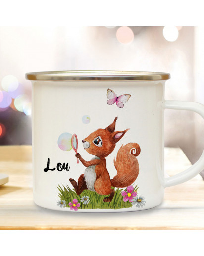 Emaille Becher Camping Tasse Motiv Eichhörnchen Seifenblase mit Schmetterling & Wunschname Name Kaffeetasse Geschenk eb360