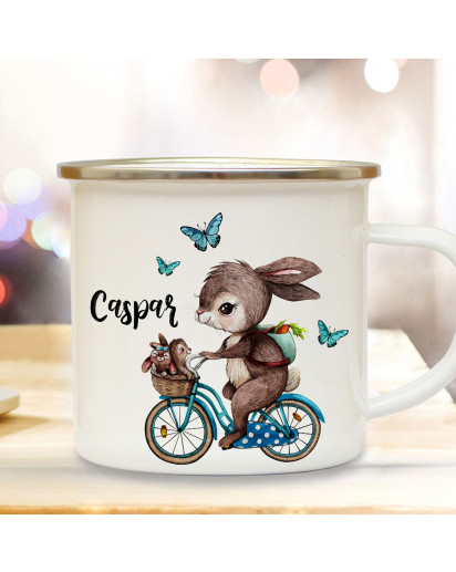 Emaille Becher Tasse Kaffeebecher Hase auf Fahrrad & Wunschname Geschenk eb361