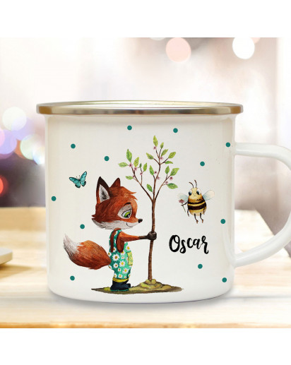 Emaille Becher Camping Tasse Motiv Fuchs pflanzt Baum mit Biene & Wunschname Name Kaffeetasse Geschenk eb362