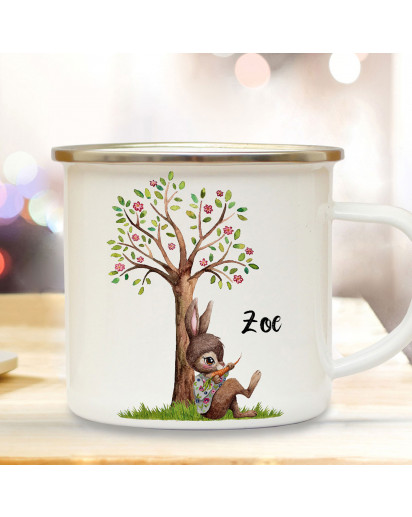 Emaille Becher Camping Tasse Motiv Hase Häschen unterm Blütenbaum Baum & Wunschname Name Kaffeetasse Geschenk eb363