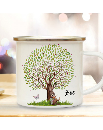 Emaille Becher Camping Tasse Motiv Hase Häschen unterm großen Baum & Wunschname Name Kaffeetasse Geschenk eb364