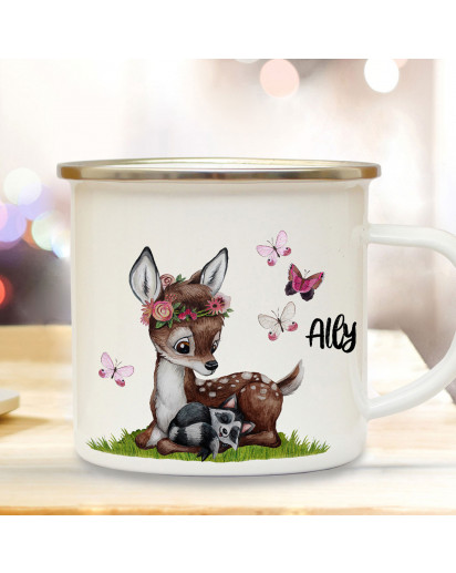 Emaille Becher Camping Tasse Motiv Reh Waschenbär mit Schmetterlinge & Wunschname Name Kaffeetasse Geschenk eb365