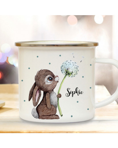 Emaille Becher Camping Tasse Motiv Hase Häschen mit Pusteblume & Wunschname Name Kaffeetasse Geschenk eb366