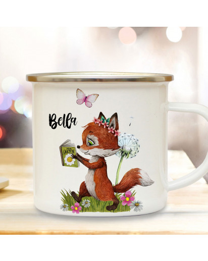 Emaille Becher Camping Tasse Motiv Fuchs Füchschen mit Buch & Wunschname Name Kaffeetasse Geschenk eb367