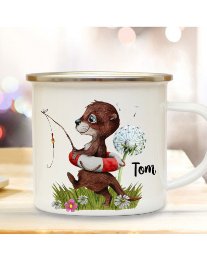 Emaille Becher Camping Tasse Motiv Otter angelt mit Schwimmring Pusteblume & Wunschname Name Kaffeetasse Geschenk eb368