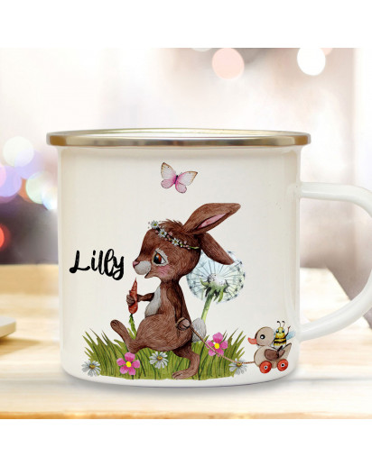 Emaille Becher Camping Tasse Motiv Hase Häschen hinterherzieh Tier Pusteblume & Wunschname Name Kaffeetasse Geschenk eb369