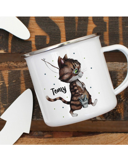 Emaillebecher Becher Tasse Camping Kater Katze Kätzchen Angelkatze Angel & Wunschname Name Kaffeetasse Geschenk eb370