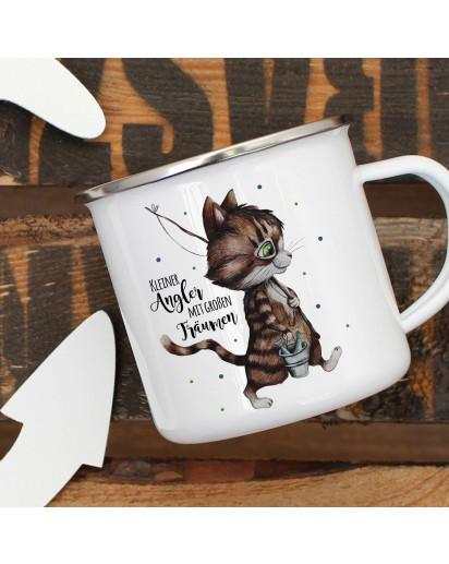 Emaille Becher Camping Tasse Kater Katze Kätzchen Angelkatze Angel Spruch Kleiner Angler Kaffeetasse Geschenk Spruchbecher eb371