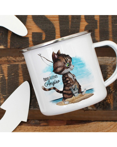 Emaille Becher Camping Tasse Kater Katze Kätzchen Angelkatze Angel Spruch Papas kleiner Angler Kaffeetasse Geschenk Spruchbecher eb372