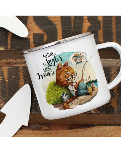 Emaille Becher Camping Tasse Kater Katze Kätzchen Angelkater Angel Spruch Kleiner Angler Kaffeetasse Geschenk Spruchbecher eb374