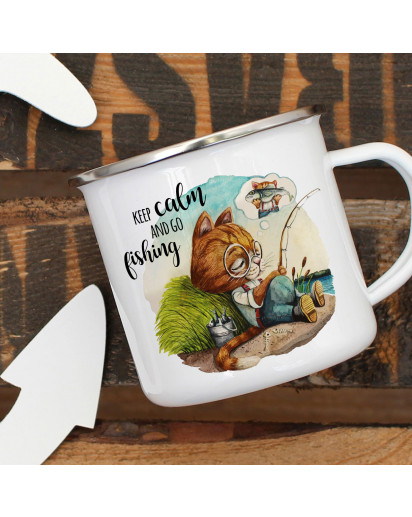 Emaille Becher Camping Tasse Kater Katze Kätzchen Angelkater Angel Spruch Keep calm and go fishing Kaffeetasse Geschenk Spruchbecher eb375