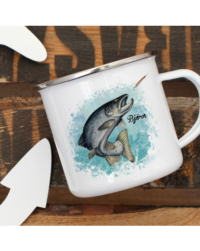 Emaillebecher Becher Tasse Camping Meerforelle Lachsforelle Fisch & Wunschname Name Kaffeetasse Geschenk eb377