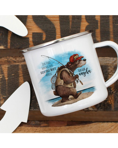 Emaille Becher Camping Tasse Angeler Bär Angel Spruch Ich gehe angeln Kaffeetasse Geschenk Spruchbecher eb378