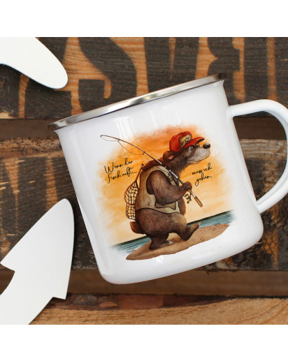 Emaille Becher Camping Tasse Angeler Bär Angel Spruch Wenn der Fisch ruft Kaffeetasse Geschenk Spruchbecher eb379