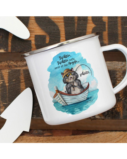 Emaille Becher Camping Tasse Kater Katze Kätzchen Angelkater Angel Spruch Fischlein beiße sonst scheiße Kaffeetasse Geschenk Spruchbecher eb380