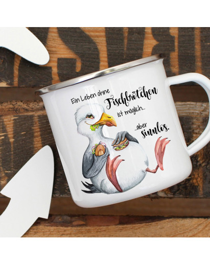 Emaille Becher Camping Tasse Möwe Vogel Spruch Ein Leben ohne Fischbrötchen Kaffeetasse Geschenk Spruchbecher eb382