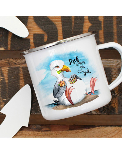 Emaille Becher Camping Tasse Möwe Vogel Spruch Fischbrötchen gut, alles gut Kaffeetasse Geschenk Spruchbecher eb384