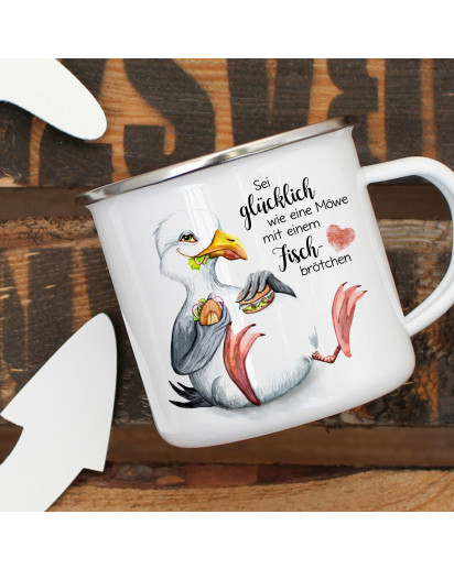 Emaille Becher Camping Tasse Möwe Vogel Spruch Sei glücklich wie eine Möwe Kaffeetasse Geschenk Spruchbecher eb385