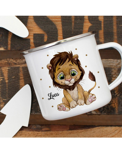 Emaillebecher Becher Tasse Camping Löwe Löwen Junge & Wunschname Name Kaffeetasse Geschenk eb389