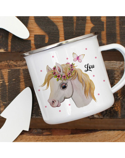 Emaillebecher Becher Tasse Camping Pferd Kopf Schmetterling & Wunschname Name Kaffeetasse Geschenk eb391