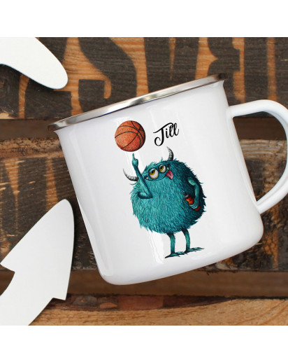 Emaillebecher Becher Tasse Camping Monster Basketball & Wunschname Name Kaffeetasse Geschenk eb392