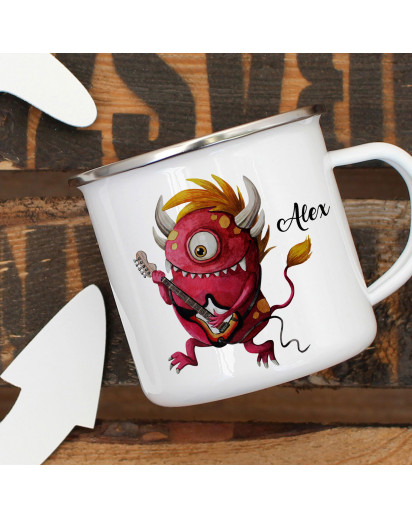 Emaillebecher Becher Tasse Camping Monster Rocker E-Gitarre & Wunschname Name Kaffeetasse Geschenk eb393