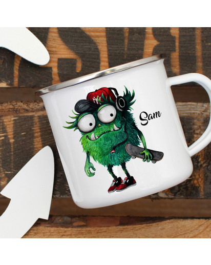 Emaillebecher Becher Tasse Camping Monster Skater Skateboard & Wunschname Name Kaffeetasse Geschenk eb394