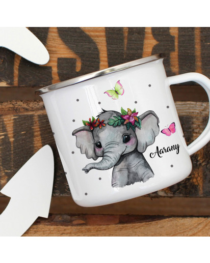 Emaillebecher Becher Tasse Camping Elefant indisch Schmetterlinge & Wunschname Name Kaffeetasse Geschenk eb396