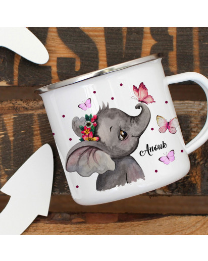 Emaillebecher Becher Tasse Camping Elefant Kopf Schmetterlinge & Wunschname Name Kaffeetasse Geschenk eb398