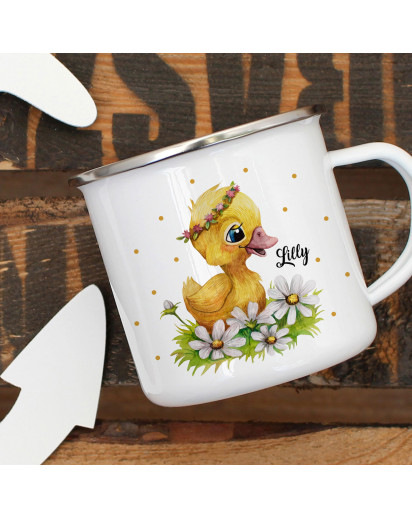 Emaillebecher Becher Tasse Camping Ente Entchen Blumen & Wunschname Name Kaffeetasse Geschenk eb399