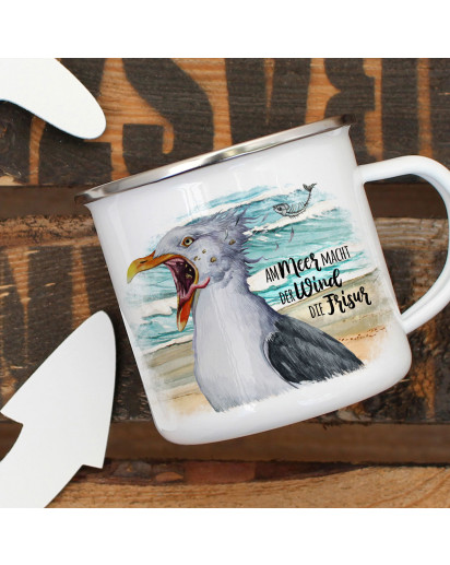 Emaille Becher Camping Tasse Möwe Vogel Spruch Am Meer macht der Wind die Frisur Kaffeetasse Geschenk Spruchbecher eb403