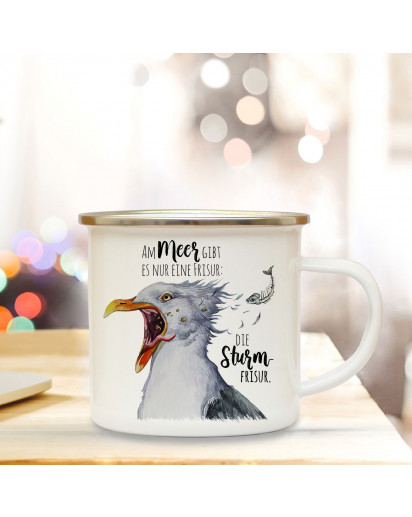 Emaille Becher Camping Tasse Seemöwe Möwe Vogel Spruch Die Sturmfrisur Kaffeetasse Geschenk Spruchbecher eb404