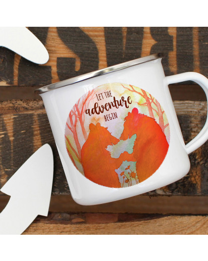 Emaille Becher Camping Tasse Bär Bärenpaar Spruch Let the Adventure begin Orange Wald Kaffeetasse Geschenk Spruchbecher eb406