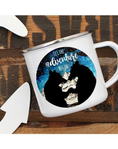 Emaille Becher Camping Tasse Bär Bärenpaar Spruch Let the Adventure begin Schwarz Nacht Kaffeetasse Geschenk Spruchbecher eb407