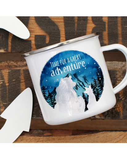 Emaille Becher Camping Tasse Bär und Fuchs Pärchen Spruch Time for a great Adventure Berge Kaffeetasse Geschenk Spruchbecher eb408