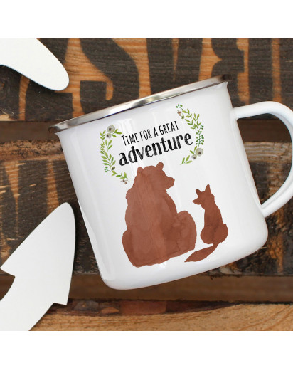 Emaille Becher Camping Tasse Bär und Fuchs Spruch Time for a great Adventure Kaffeetasse Geschenk Spruchbecher eb409