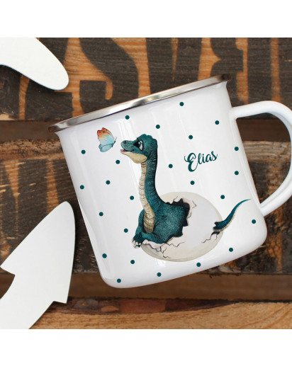 Emaille Becher Camping Tasse Dino aus dem Ei mit Schmetterling & Name Wunschname Kaffeetasse Geschenk eb413