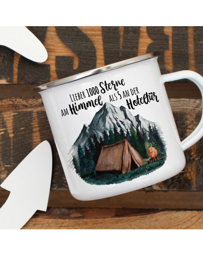 Emaille Becher Camping Tasse Zelt campen Wildnis Wald Berge & Spruch Lieber 1000 Sterne am Himmel...  Kaffeetasse Geschenk eb415