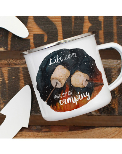Emaille Becher Camping Tasse Marshmallows & Spruch Life is better when you are camping Kaffeetasse Geschenk eb417