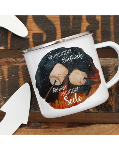 Emaille Becher Camping Tasse Marshmallows & Spruch Jobs füllen Brieftasche Abenteuer deine Seele Kaffeetasse Geschenk eb418