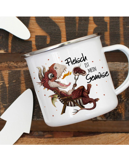 Emaille Becher Camping Tasse kleiner Drache im Liegestuhl & Spruch Fleisch ist mein Gemüse Kaffeetasse Geschenk eb420