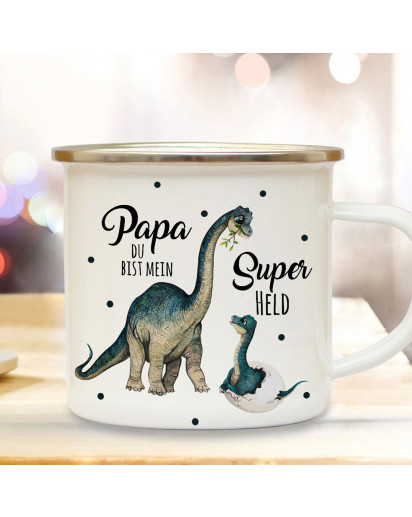 Emaille Becher Camping Tasse Dino Dinopapa Papa mit Junges & Spruch Papa du bist mein Superheld Kaffeetasse Geschenk eb430